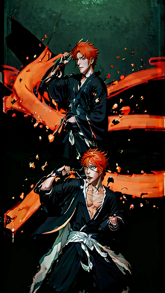 a man in the story series "belach" has dry orange hair, wears a skull mask with the name "kurosaki ichigo" wears a black kimono with UHD, 5D ANIME photo resolution quality.