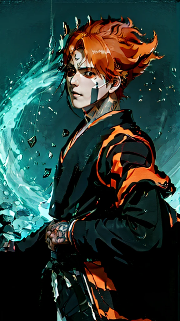 a man in the story series "belach" has dry orange hair, wears a skull mask with the name "kurosaki ichigo" wears a black kimono with UHD, 5D ANIME photo resolution quality.