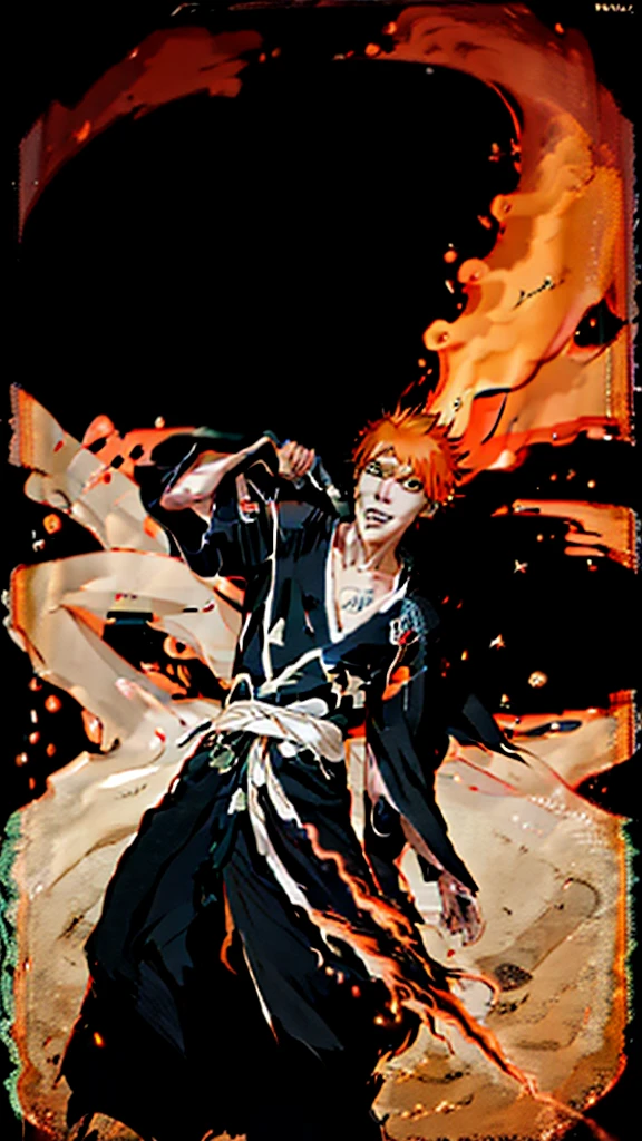a man in the story series "belach" has dry orange hair, wears a skull mask with the name "kurosaki ichigo" wears a black kimono with UHD, 5D ANIME photo resolution quality.