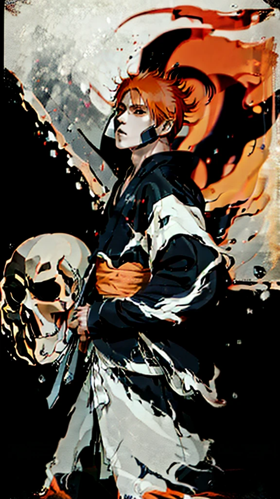 a man in the story series "belach" has dry orange hair, wears a skull mask with the name "kurosaki ichigo" wears a black kimono with UHD, 5D ANIME photo resolution quality.