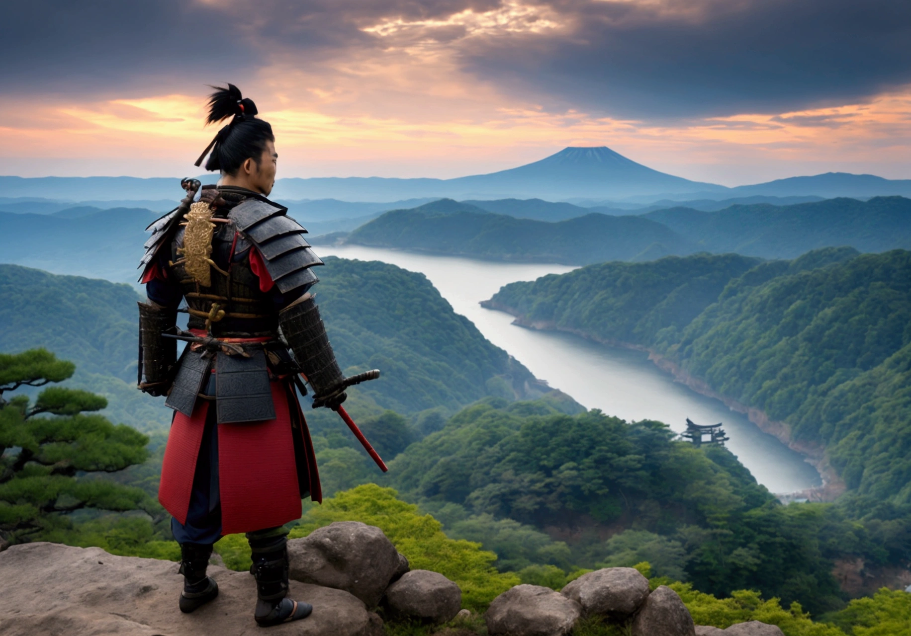 a samurai with backpose standing in the cliff and watching towards the japan and the battlefield where people are fighting