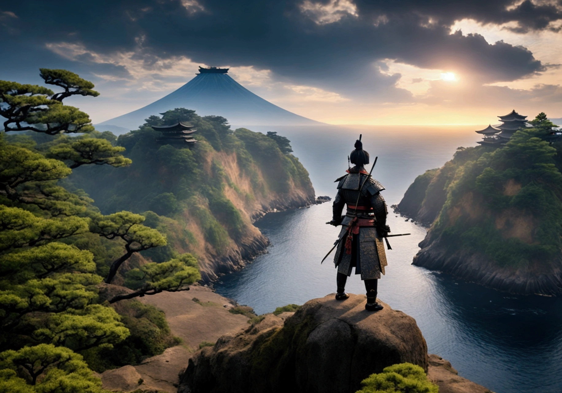 a samurai with backpose standing in the cliff and watching towards the japan and the battlefield where people are fighting