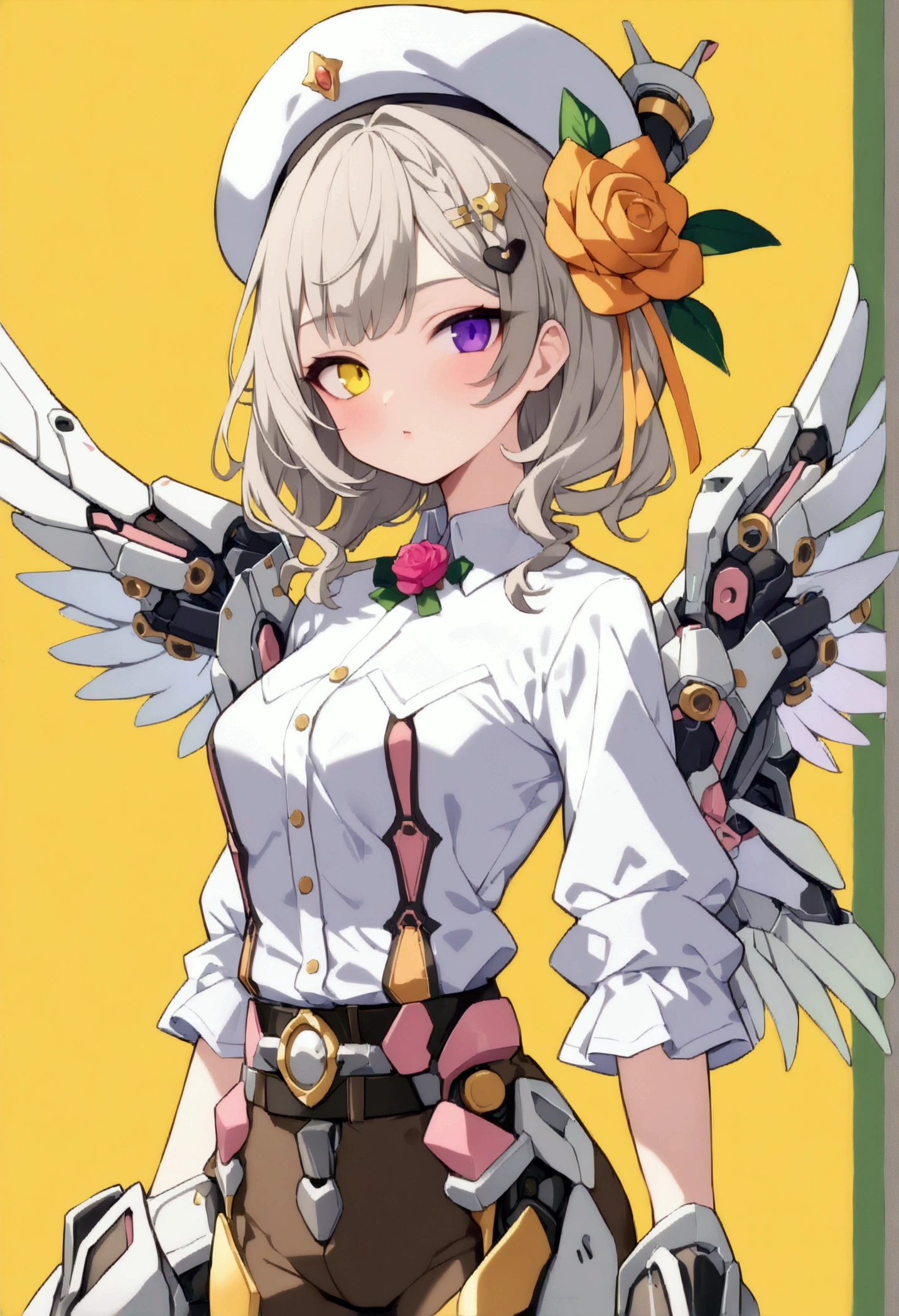 woman 165cm tall, slim build, , charming look, ((heterocromia: look like, right naranja y look like izquierdo violeta)), (Shoulder Length Wavy Gray Hair, a short braid on the left side of the hair, big open bangs, golden gear hairpin on the left side of the hair), (((complex mechanical legs up to the hip, The legs are black with gray parts with small pink details))), (((complex mechanical arms up to the elbows, The arms are black with gray parts with small pink details))), ((complex white mechanical angel wings with pastel green parts)), (elegant black French beret with an orange rose ribbon), (stylish white short sleeve button down shirt, dark brown shorts from the waist, elegant black belt, small rose brooch on shirt collar, beautiful mechanical stilettos), (((character design sheet: Front view))), ((Pastel yellow background)), extremely detailed beautiful hair, beautiful detailed clothing, extremely detailed arms, extremely detailed face, (Extremely detailed hands), perfect hands, small face, hermosos look likes detallados, beautiful detailed lips, adorable, extremely detailed legs, (Best Quality, 8k, ultra resolution), ultra detailed, Exquisite and epic character art, (Focus on symmetry), (extremely detailed wings), (body position: standing, right, symmetrical), looking at the viewer, (whole body).