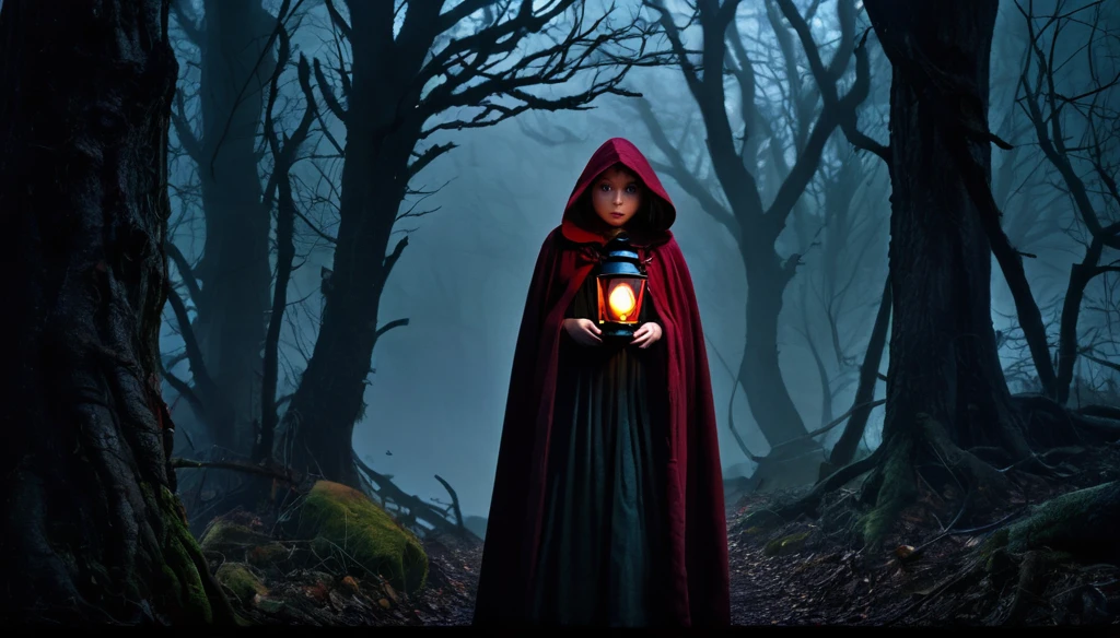  The scene features a dark, dense forest with twisted, gnarled trees and a misty atmosphere. In the foreground stands a young girl with a tattered, dark red cloak, holding a lantern and looking determined. Her eyes have a hint of glowing red. In the background is a menacing, shadowy wolf with glowing eyes. Scattered around are elements like a broken basket, a trail of blood, and eerie symbols carved into the trees. The overall mood is dark, mysterious, and tense.