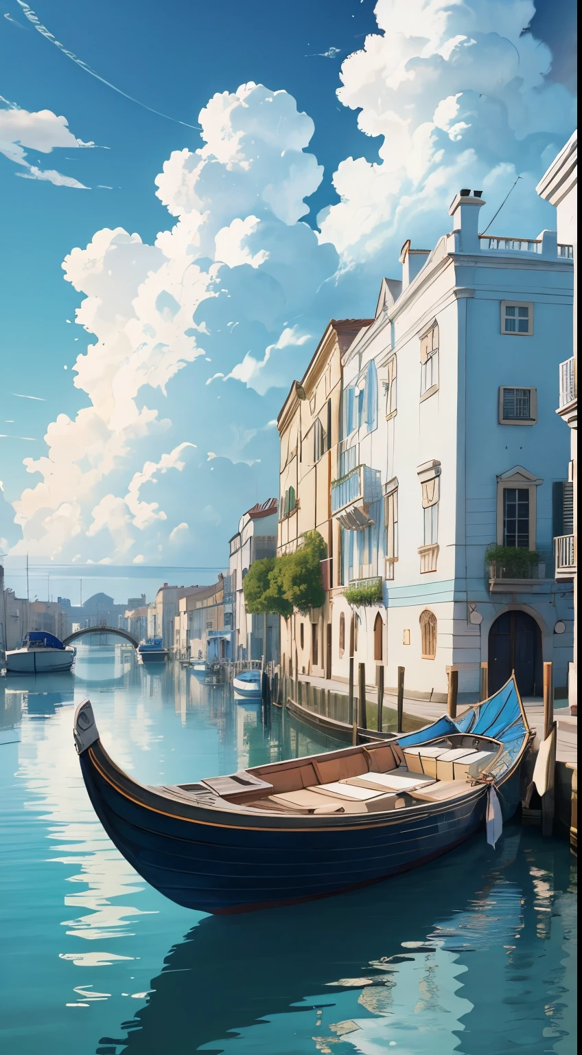 (Best quality, 8k, HD, wallpaper) , Aria the animation, (gondola) , (Vanis), wallpaper, white building background, blue water , white clouds in the background, fantasy style , pastel colors ,vivid colors