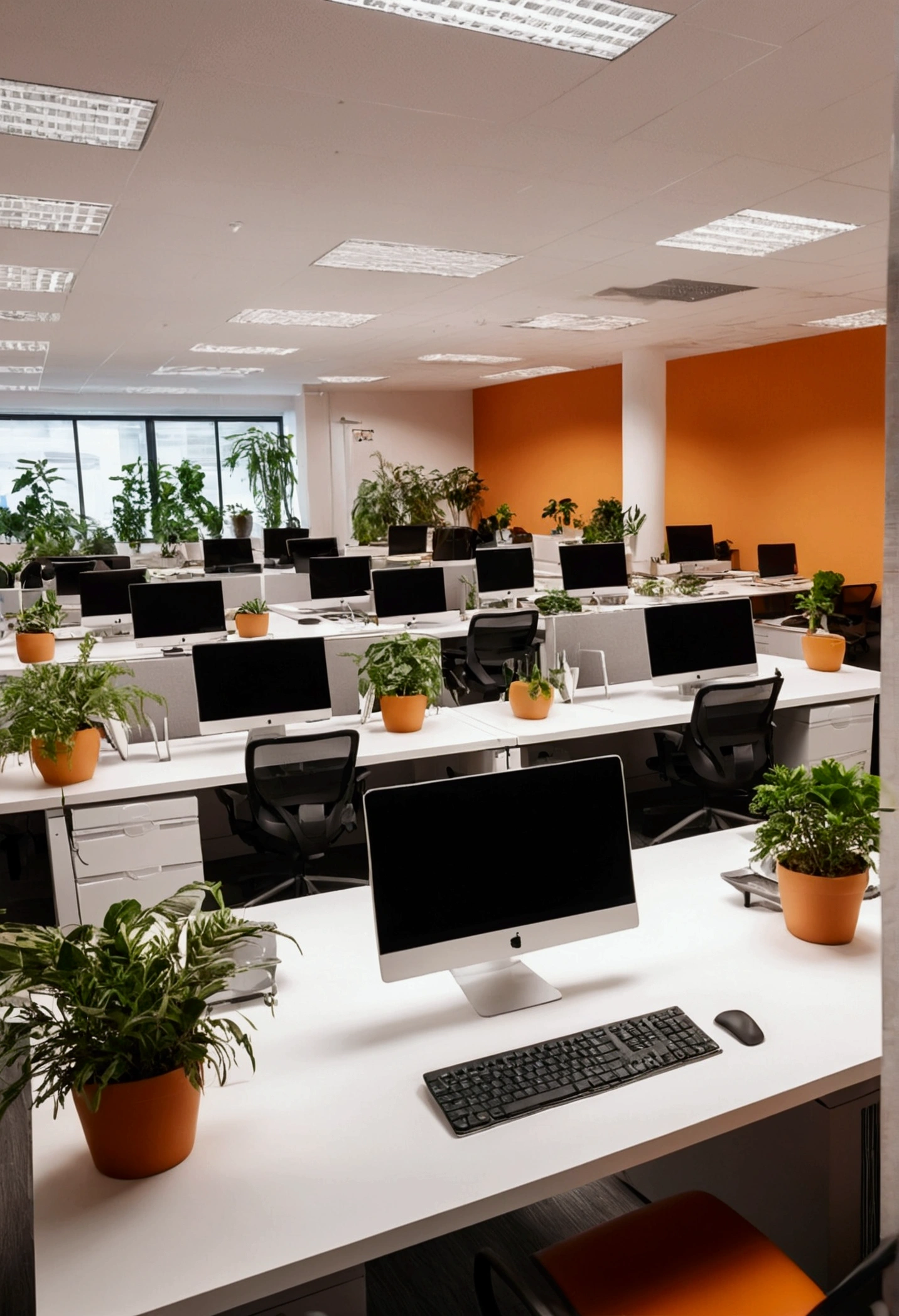 Large office with many computers and plants, orange ambient light, office of a large company
