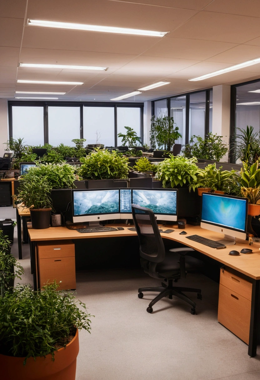 Large office with many computers and plants, orange ambient light, office of a large company
