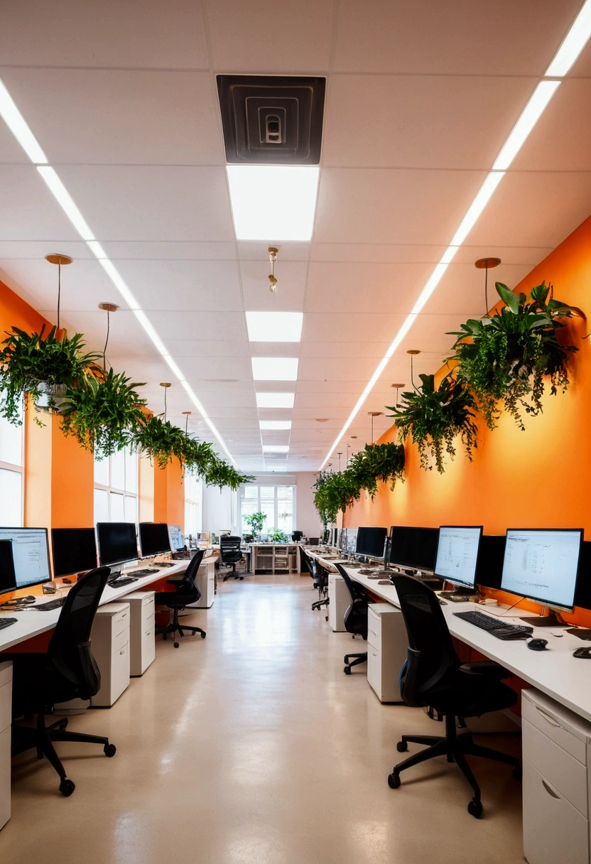 Large office with many computers and plants, orange ambient light, office of a large company
