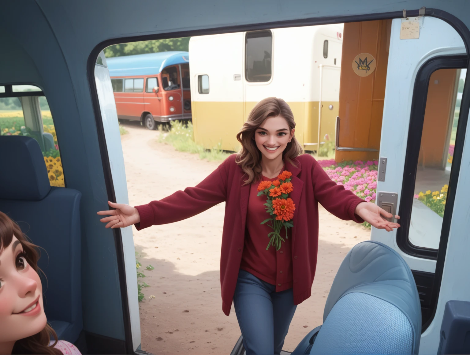 There is a woman standing to get on the bus with her hands, she likes the profile of the bus., flower field background, and she smiling 