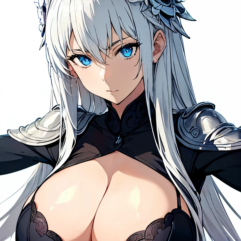big tits, 1girl, at school, white background, silver hair, blue eyes, emotionless, detailed face, view at camera, cleavage, school unifom, upperbody