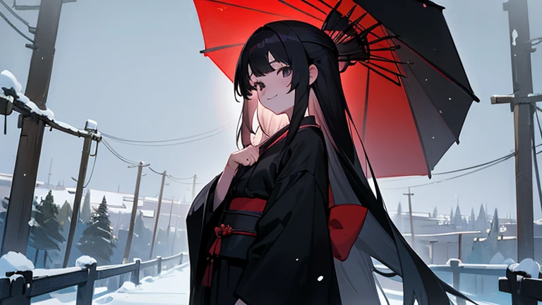 Highest quality,masterpiece,detailed,One girl,cute,Long, pitch black kimono,Black Hair,Long Hair,Straight Hair,White skin,Big black eyes,Black Belt,12 years old,torii,Smiling a little,Standing on a snowy night road,Upper body up