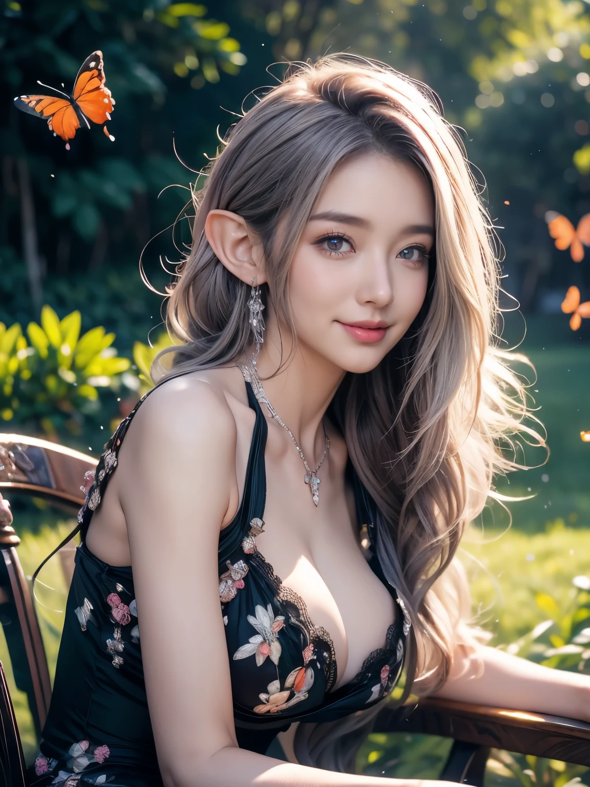 arm above head, sexy pose, look at butterflies, butterflies, black and white maid dress, graceful, park, green park, flwers, pond, smile, sitting on chair park, adult, 1 girl, elf, toned skin, anime, look at viewer, (light purple hair), straight hair, show body to viewer, best quality, highres, 8k, masterpiece, anatomically correct, super detail, textured skin, diamond face shape, so huge breast, fit body, beautiful, fantasy, anime style, anime painting, happy, joyful