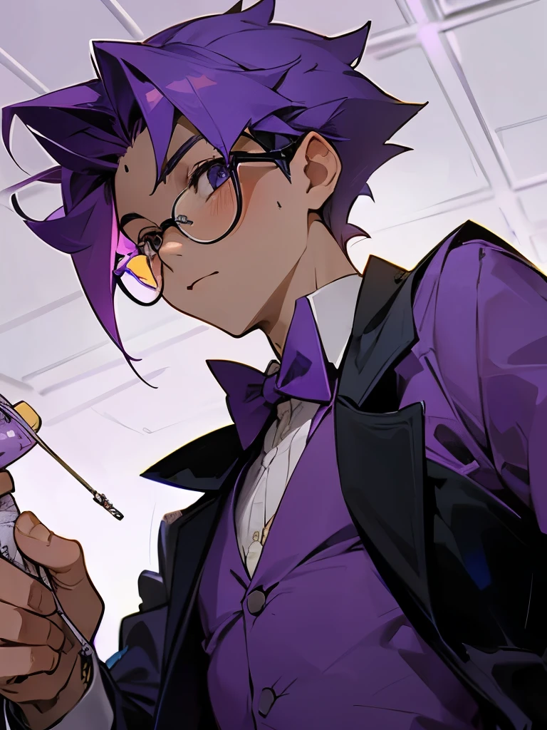 A boy with purple hair, glasses, and a party suit. There is a plaster on the wound of a 10 year old boy.