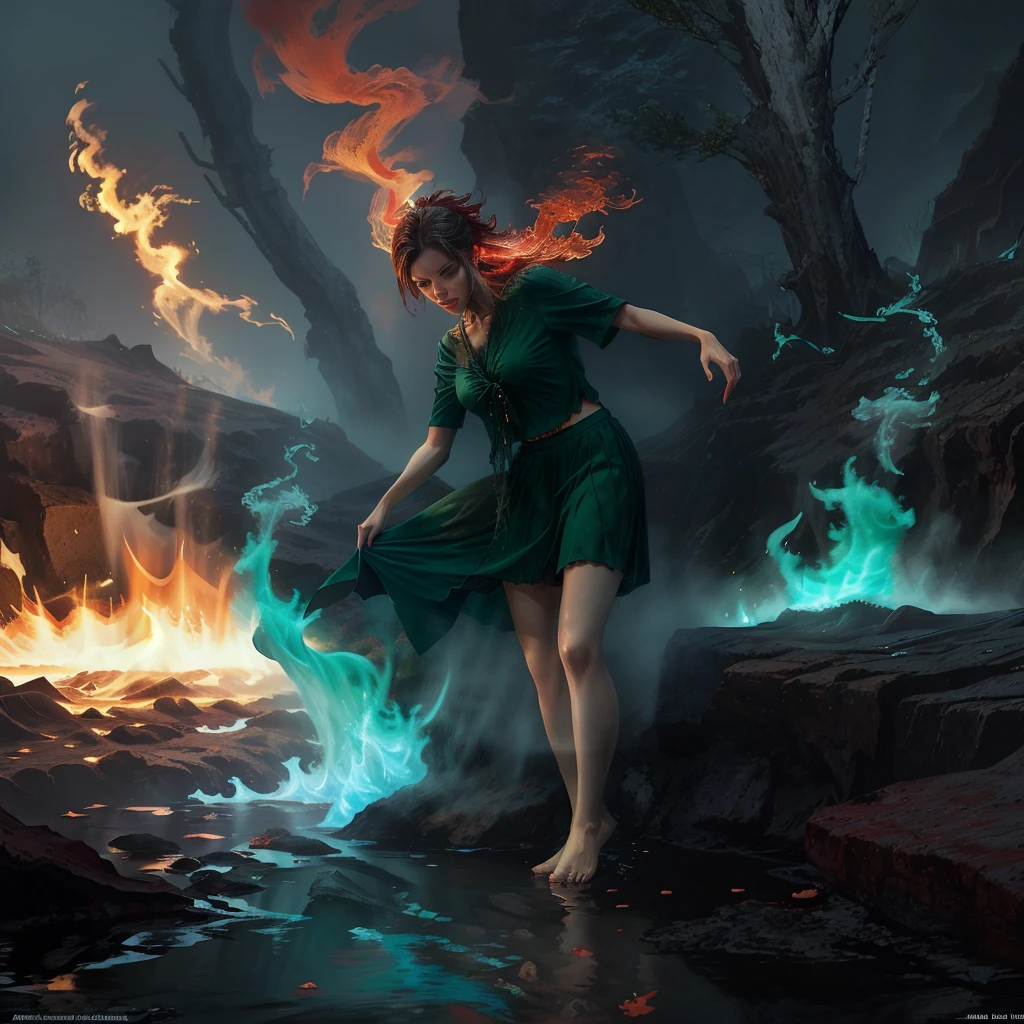 A highly detailed and hyper-realistic depiction of a princess in green skirt, in blue shirt, fire elemental girl, wearing white panties, Realistic hands. ((full body)), mybeauties, The perspective is from below. ((Full body, bare feet)). The character is surrounded by mist, evoking a mysterious and eerie atmosphere. The lighting is dark and atmospheric, with a red smoke adding a touch of sinister ambiance. The image is of the best quality, with a resolution of 4k and HDR enhancement, showcasing the utmost level of detail and realism, sfw, full body shot.