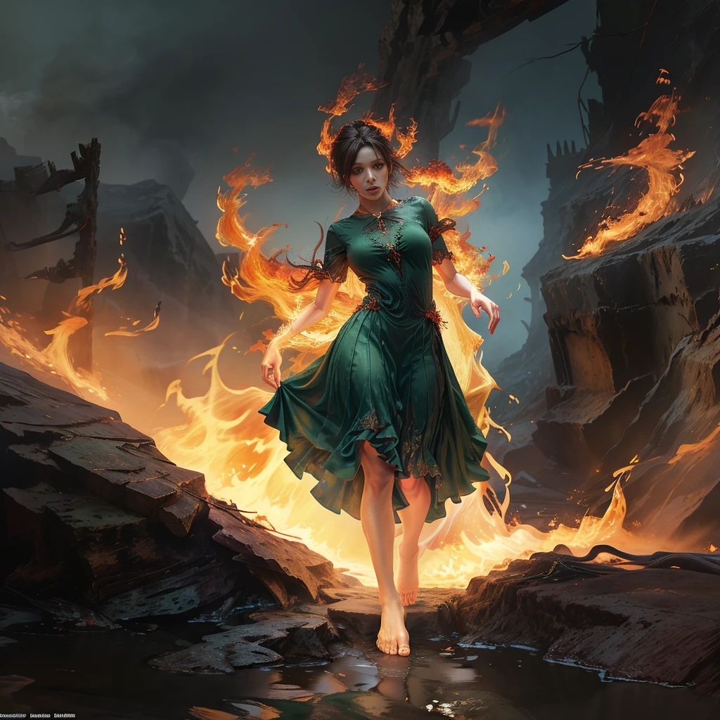 A highly detailed and hyper-realistic depiction of a princess in green skirt, in blue shirt, fire elemental girl, wearing white , Realistic hands. ((full body)), mybeauties, The perspective is from below. ((Full body, bare feet)). The character is surrounded by mist, evoking a mysterious and eerie atmosphere. The lighting is dark and atmospheric, with a red smoke adding a touch of sinister ambiance. The image is of the best quality, with a resolution of 4k and HDR enhancement, showcasing the utmost level of detail and realism, sfw, full body shot.