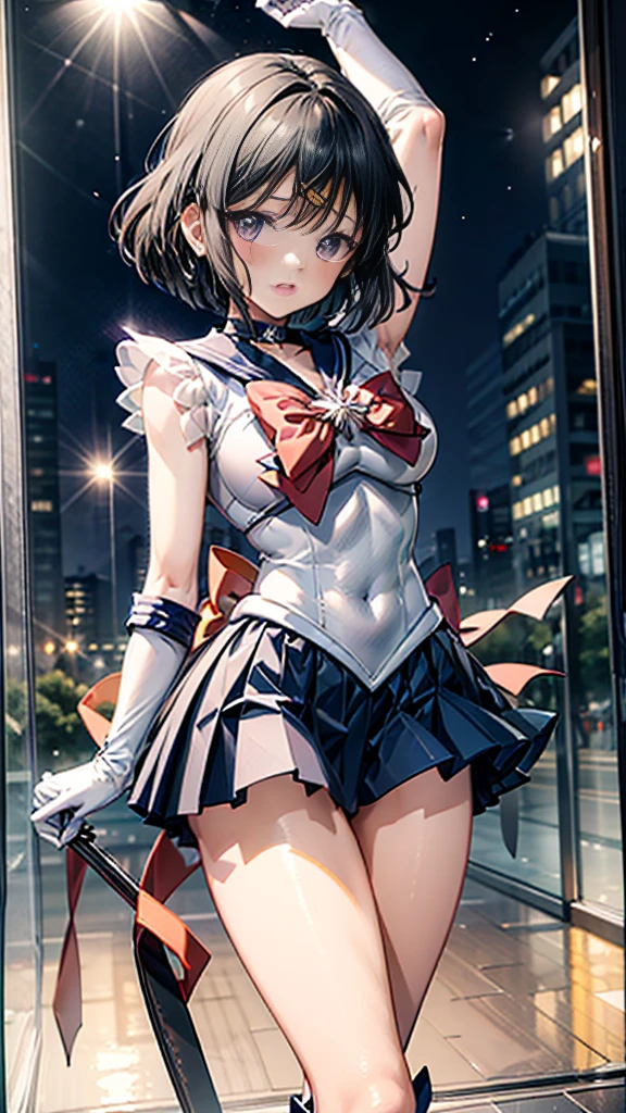 High resolution,Detailed Description,Highest quality,(Sailor Warrior Uniform),Sailor Saturn,Black Hair,universe,leotard,High Leg,Purple Skirt,Knee-high boots,Elbow Handbag,Thick thighs,The skirt is short,スカートの下に白色のleotardが見える,The skirt is blown away by the wind,Defenseless crotch,blush,Embarrassed expression,Open your mouth,