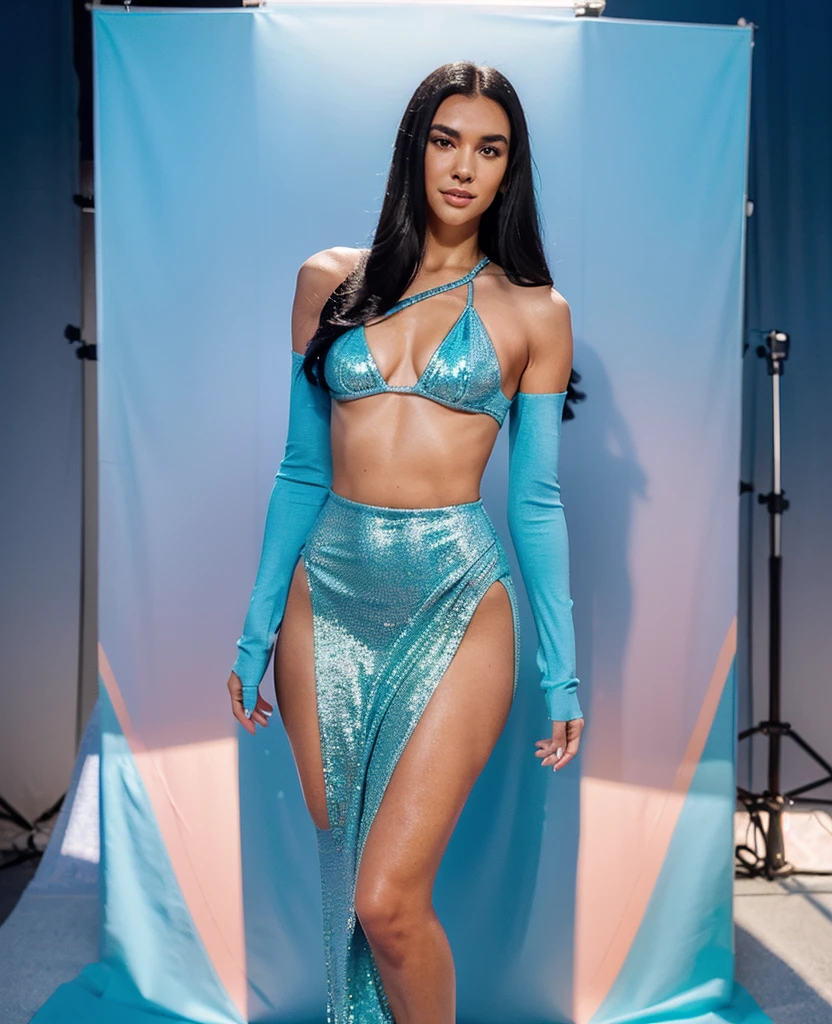 A beautiful woman with long, straight black hair wearing a pastel blue two-piece mermaid style dress with stylized shimmering details, full body portrait, studio photography, dynamic angles, high-quality, cinematic lighting, photorealistic