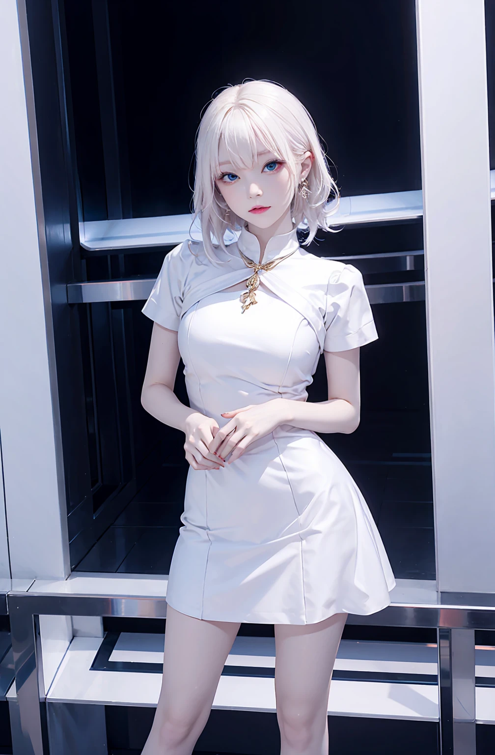Albino woman wearing a logo dress wearing heels