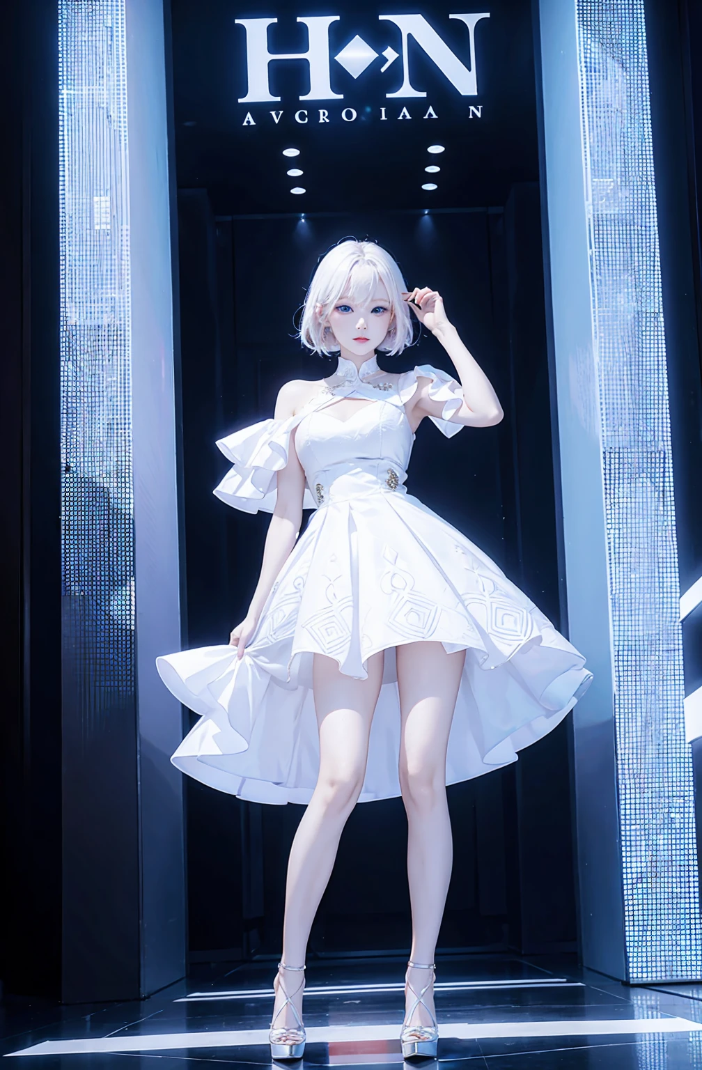 Albino woman wearing a logo dress wearing heels