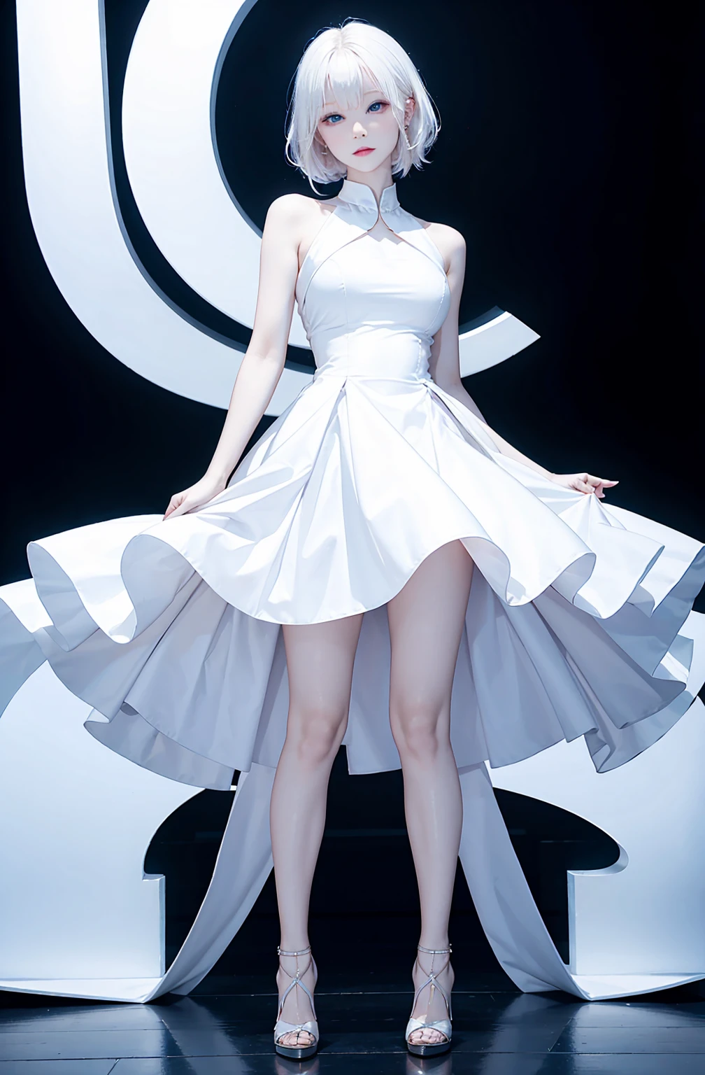 Albino woman wearing a logo dress wearing heels