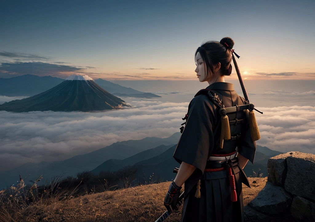a samurai with backpose standing in the cliff and watching towards the japan and the battlefield where people are fighting