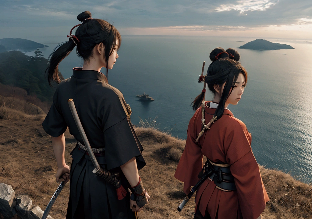 a samurai with backpose standing in the cliff and watching towards the japan and the battlefield where people are fighting