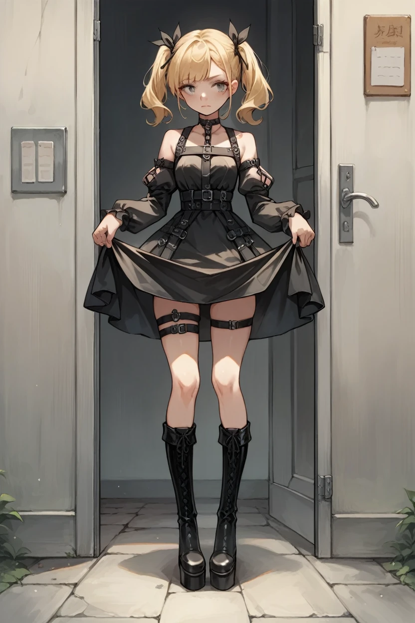 score_9, score_8_superior, score_7_superior, score_6_superior, sauce_anime, Blake 1girl Door Mary, Blonde, Twin tails, x Hair accessories, Hair Ribbon, choker, Harness, Black Skirt, Black and white dress, Removable sleeves, black sleeves, Thigh straps, Platform boots, Skirt Hold, I'm watching you, blush, I'm watching you, corridor, Mansion, Leaning forward 1boy vaginal,sex nsfw
