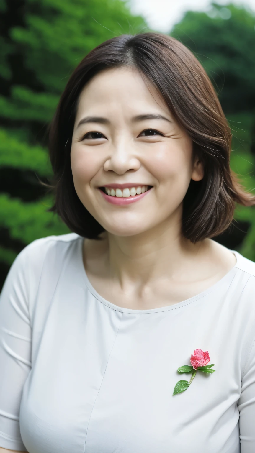 Standing in the park, Wrinkles around the eyes, Smiling with teeth showing, Plain short-sleeved clothing, senior citizen, Draw lips correctly, Red lipstick, No discomfort, 16K, Highest quality, Very detailed, Realistic, Very detailed肌, (Japanese), (alone), 100 years old, Large Breasts, , Glamour, sexy, Chromo White Skin, Staring straight ahead,