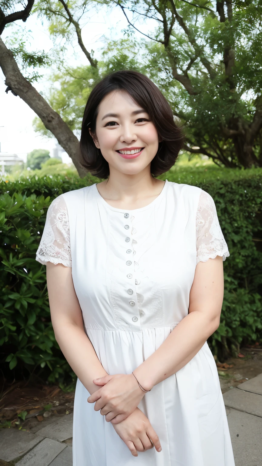 Standing in the park, Wrinkles around the eyes, Smiling with teeth showing, Plain short-sleeved clothing, senior citizen, Draw lips correctly, Red lipstick, No discomfort, 16K, Highest quality, Very detailed, Realistic, Very detailed肌, (Japanese), (alone), 100 years old, Large Breasts, , Glamour, sexy, Chromo White Skin, Staring straight ahead,