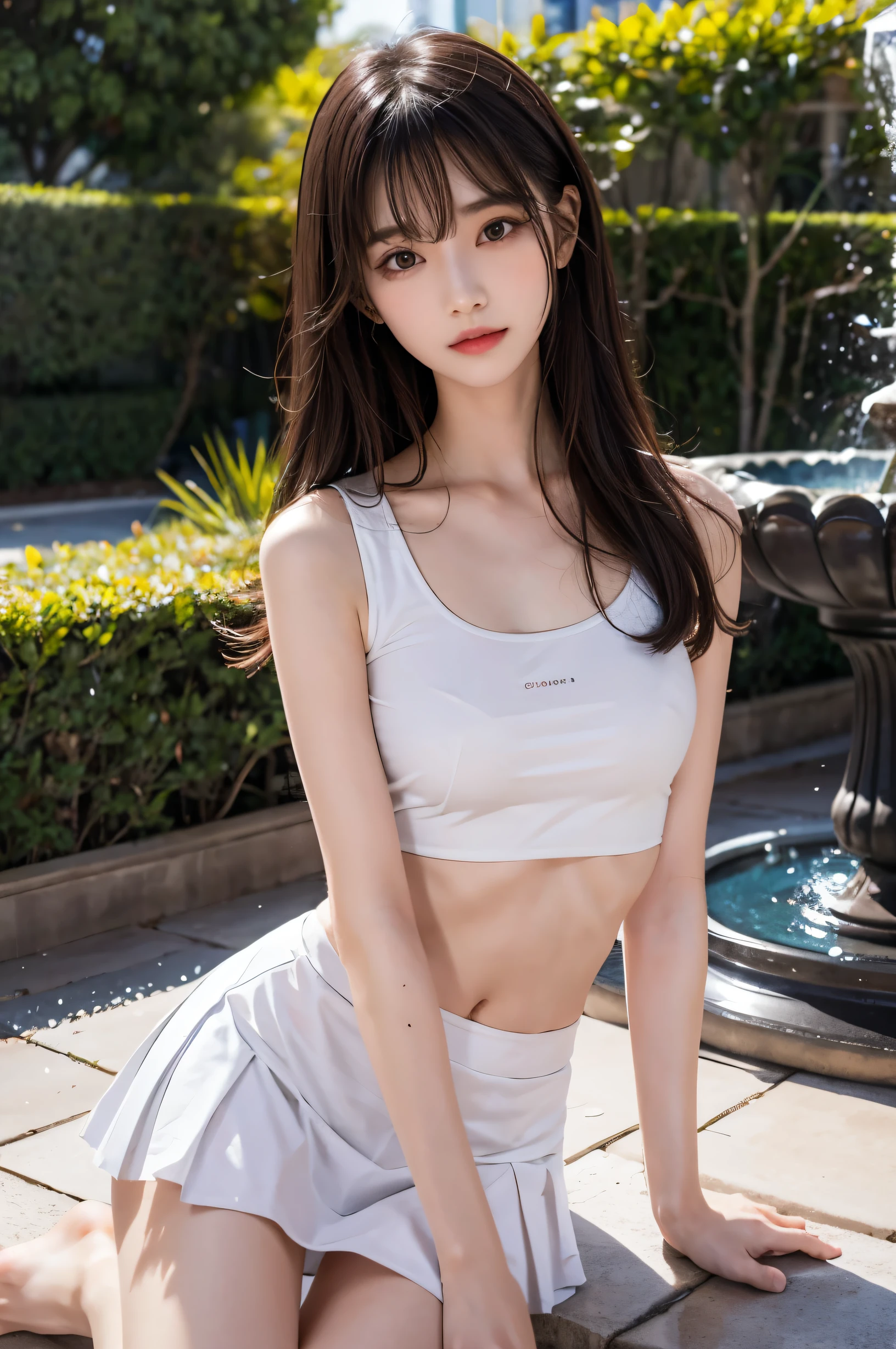 (ultra HD), (White tank top, Black pleated mini skirt), Big Breasts, Slender, whole body, (Clean and shiny skin, Whitening, No makeup), (超Slenderな顔立ち, Super beautiful face, Delicate face), (long hair, Layered Cut, Fluffy hair,light brown), (Patchy double eyelids, Slanted Eyes), Small Nose, Thin lips, Thin legs, Park with a fountain