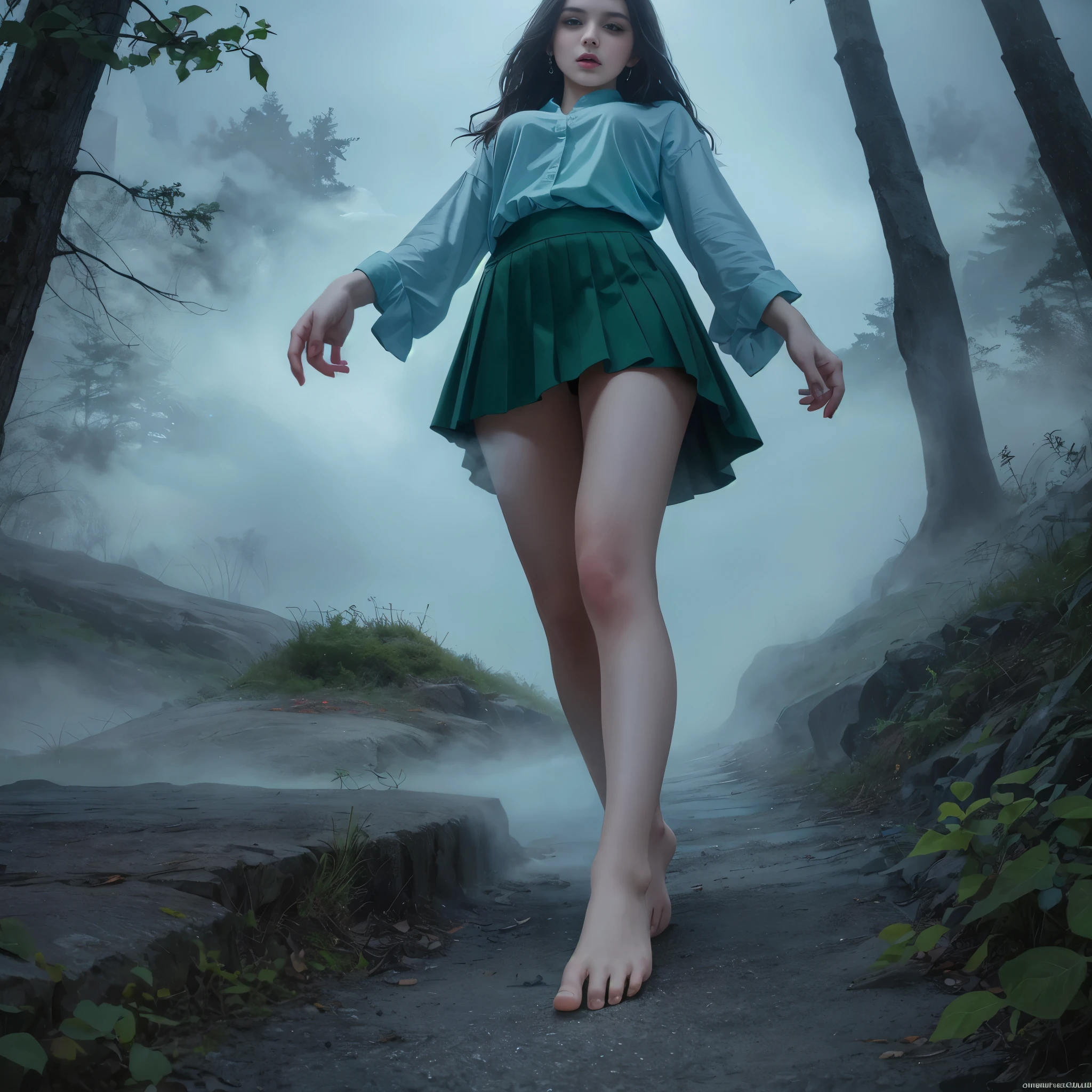 A highly detailed and hyper-realistic depiction of a princess in green skirt, in blue shirt, wearing white panties, Realistic hands. ((full body)), mybeauties, The perspective is from below. ((Full body, bare feet)). The character is surrounded by mist, evoking a mysterious and eerie atmosphere. The lighting is dark and atmospheric, with a red smoke adding a touch of sinister ambiance. The image is of the best quality, with a resolution of 4k and HDR enhancement, showcasing the utmost level of detail and realism, sfw, full body shot.