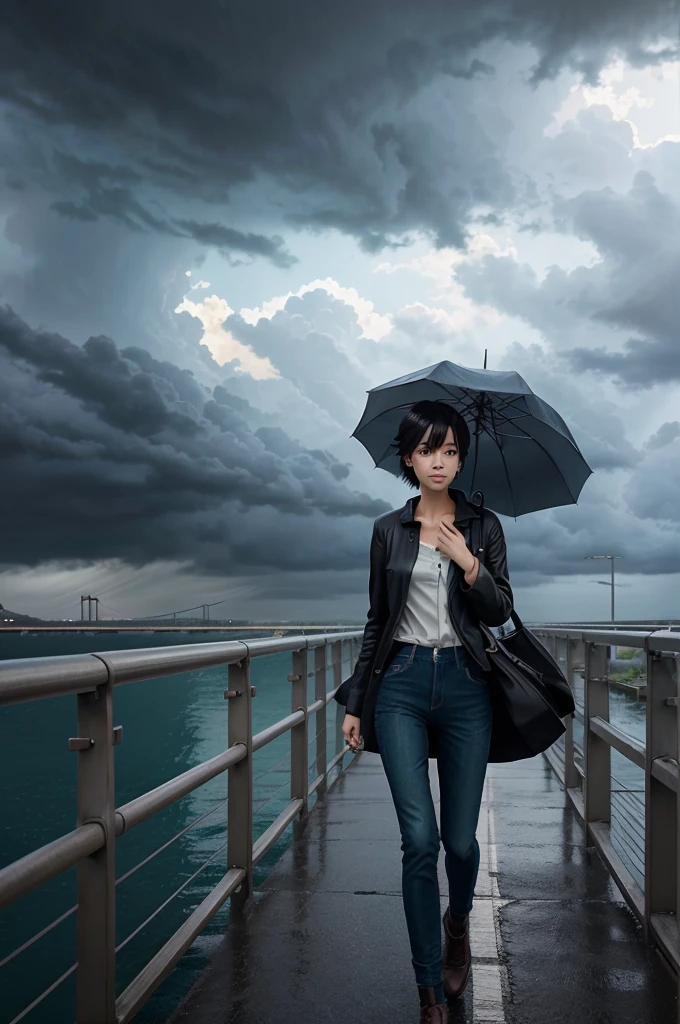 anime scene of a woman walking across a bridge with an umbrella, a digital painting inspired by Makoto Shinkai, trending on cg society, serial art, makoto shinkai. —h 2160, beautiful anime scene, ( ( makoto shinkai ) ), in style of makoto shinkai, stormy weather. makoto shinkai
