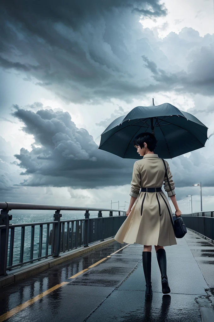 anime scene of a woman walking across a bridge with an umbrella, a digital painting inspired by Makoto Shinkai, trending on cg society, serial art, makoto shinkai. —h 2160, beautiful anime scene, ( ( makoto shinkai ) ), in style of makoto shinkai, stormy weather. makoto shinkai