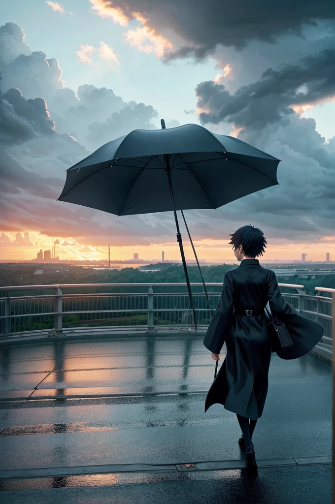 anime scene of a woman walking across a bridge with an umbrella, a digital painting inspired by Makoto Shinkai, trending on cg society, serial art, makoto shinkai. —h 2160, beautiful anime scene, ( ( makoto shinkai ) ), in style of makoto shinkai, stormy weather. makoto shinkai
