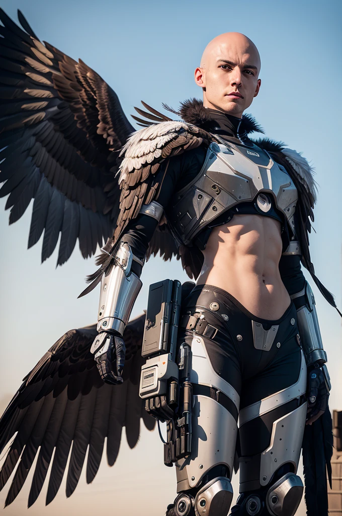 Bald eagle with robotic feathers, cyberpunk robotic armor with exposed parts
