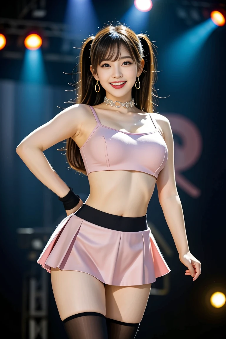"Glamorous Japanese pop idol, 20 years old, height 159cm, youthful curvy figure
 (86-58-87 cm), perky D-cup breasts, tiny 58cm waist, shapely 87cm hips, toned
 dancer's legs, flawless porcelain skin (RGB: 255, 236, 214), cute heart-shaped face,
 large sparkling eyes (light brown, RGB: 105, 68, 36) with double eyelids, small cute
 nose, full lips with glossy pink lipstick (RGB: 255, 138, 174) in a bright smile, long
 hair dyed pastel pink (RGB: 255, 209, 220) with blonde highlights, styled in high
 pigtails with bangs, dramatic stage makeup with glitter eyeshadow and rhinestones,
 wearing a glittery crop top in silver and pink revealing midriff, matching ultra-short
 skirt accentuating hips, thigh-high white boots with platform heels, multiple cute
 accessories like star-shaped earrings and heart choker, energetic dance pose with
 one hand up and hip popped, on a massive concert stage with LED screens
 displaying geometric patterns, laser lights in various colors, fog machines creating
 atmosphere, dynamic performance photography capturing movement and energy,
 shot with Panasonic Lumix S1H mirrorless camera, 24-70mm f/2.8 lens at 50mm,
 ISO 6400, 1/500 sec, 24MP resolution in 6K video mode, focus on facial expression
 and dynamic pose--ar 16:9--q 2--s 700--v 6.0--style raw"