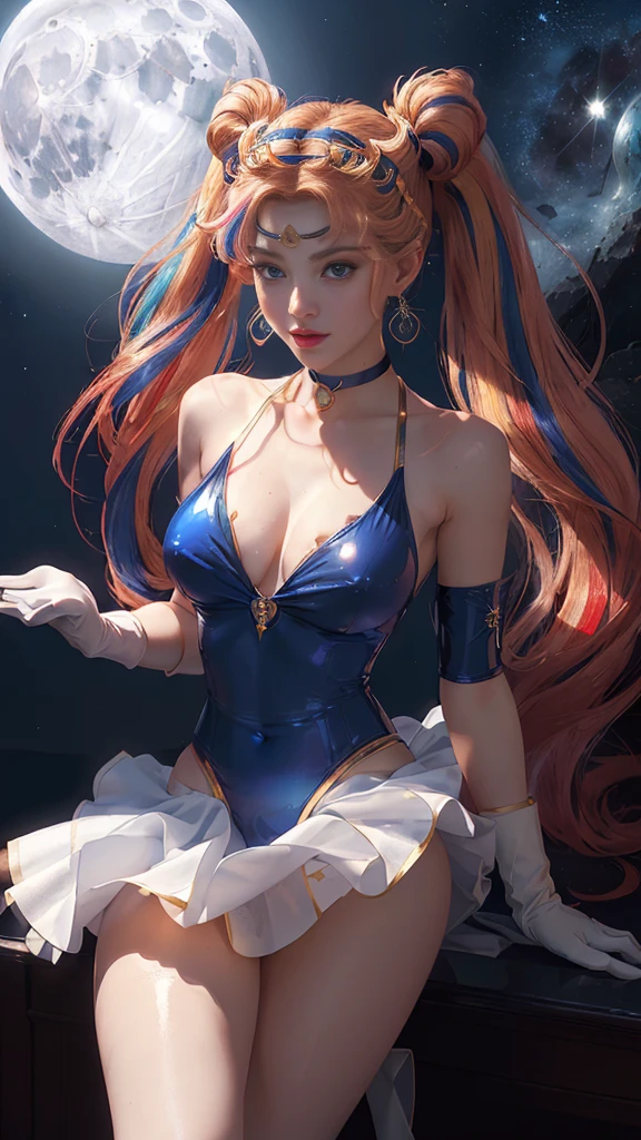 ​masterpiece、ful:1.3、stands、8k、3d、realisitic、Ultra Micro Photography、top-quality、Wallpapers with extreme details CG Unity 8k、frombelow、intricate detailes、(1 female)、28 year old、(Sailor Moon:1.6 Super Bishoujo Senshi Sailor Moon Mer1、meishaonv,tierra、Sailor Senshi Uniform Sailor:1.5、sailormoon:1.5,Eternal Sailor Moon)、(Incredibly long bright twin-tailed blonde:1.4、Thin and very long straight twin tail blonde, Hair buns、Red round hair ornament in a hair bun)、((Sailor Senshi Uniform:1.4、Blue collar,Blue sailor color,Blue Pregate Ultra Mini Skirt:1.5、very large red bow on the chest,,Long white latex gloves,Red gloves on the elbows、Bare upper arms,Luxurious golden tiara on forehead、耳Nipple Ring,Luxurious Golden Jewelry、high leg swimsuit))、Very thin and fit high gloss white holographic leather、High Gloss White Latex High Leg Swimsuit That Shines Like Oil,(Details of face:1.5、Blue eyes、Beautiful expression、beautidful eyes、Outline of the iris, Eyes with highlights、thin lipss:1.5、thin and sharp pale eyebrows,、long eyeslashes、Double eyelashes、Thin, thin and muscular,,,、a small face、tall and large chest、perfectly proportions、big breasts thin waist、Sexy Model Pose、Dynamic Poses,Visible Pore、seducting smile、perfect hand:1.5、octan render、highly dramatic picture、(Lunar divinity,cosmic background、rays of moonlight、a moon、Dynamic backgrounds、exquisite lighting and shadow、dynamic ungle、Detailed background),Strong natural light、sunlights、Digital SLR、sharp focus: 1.0、Maximum clarity and sharpnesecha musume,(honestly, double bun, twintails, parted bangs, circlet, jewelry, earrings, choker, red bow, white gloves, elbow gloves, blue skirt,(honestly, double bun, twintails, parted bangs, hair ornament, circlet, jewelry, earrings, choker, see-through, red bow, white gloves, elbow gloves, multicolored skirt)
)