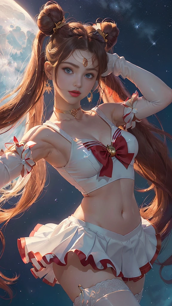 ​masterpiece、ful:1.3、stands、8k、3d、realisitic、Ultra Micro Photography、top-quality、Wallpapers with extreme details CG Unity 8k、frombelow、intricate detailes、(1 female)、28 year old、(Sailor Moon:1.6 Super Bishoujo Senshi Sailor Moon Mer1、meishaonv,tierra、Sailor Senshi Uniform Sailor:1.5、sailormoon:1.5,Eternal Sailor Moon)、(Incredibly long bright twin-tailed blonde:1.4、Thin and very long straight twin tail blonde, Hair buns、Red round hair ornament in a hair bun)、((Sailor Senshi Uniform:1.4、Blue collar,Blue sailor color,Blue Pregate Ultra Mini Skirt:1.5、very large red bow on the chest,,Long white latex gloves,Red gloves on the elbows、Bare upper arms,Luxurious golden tiara on forehead、耳Nipple Ring,Luxurious Golden Jewelry、high leg swimsuit))、Very thin and fit high gloss white holographic leather、High Gloss White Latex High Leg Swimsuit That Shines Like Oil,(Details of face:1.5、Blue eyes、Beautiful expression、beautidful eyes、Outline of the iris, Eyes with highlights、thin lipss:1.5、thin and sharp pale eyebrows,、long eyeslashes、Double eyelashes、Thin, thin and muscular,,,、a small face、tall and large chest、perfectly proportions、big breasts thin waist、Sexy Model Pose、Dynamic Poses,Visible Pore、seducting smile、perfect hand:1.5、octan render、highly dramatic picture、(Lunar divinity,cosmic background、rays of moonlight、a moon、Dynamic backgrounds、exquisite lighting and shadow、dynamic ungle、Detailed background),Strong natural light、sunlights、Digital SLR、sharp focus: 1.0、Maximum clarity and sharpnesecha musume,(honestly, double bun, twintails, parted bangs, circlet, jewelry, earrings, choker, red bow, white gloves, elbow gloves, blue skirt,(honestly, double bun, twintails, parted bangs, hair ornament, circlet, jewelry, earrings, choker, see-through, red bow, white gloves, elbow gloves, multicolored skirt)
)