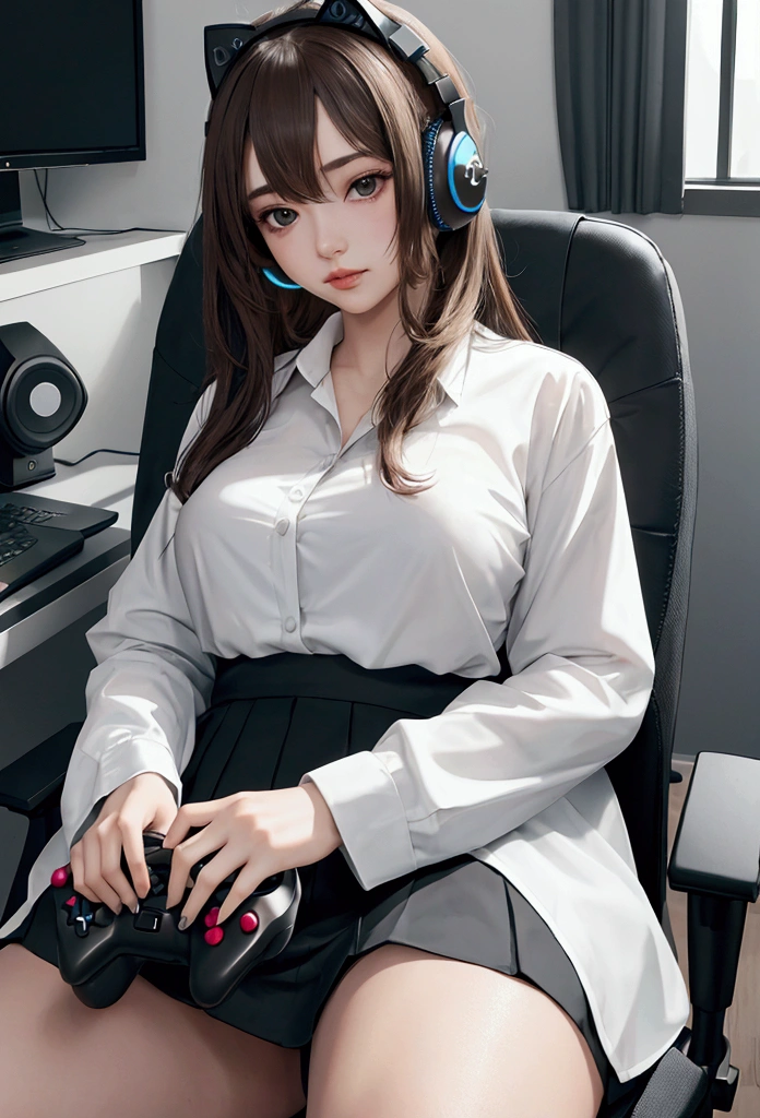 1 girl with headphones, sitting on the gaming chair, Video game controller in hand, facing the computer, in the bedroom, cat on the table, medium breasts, overskirt, white  shirt, with sex look