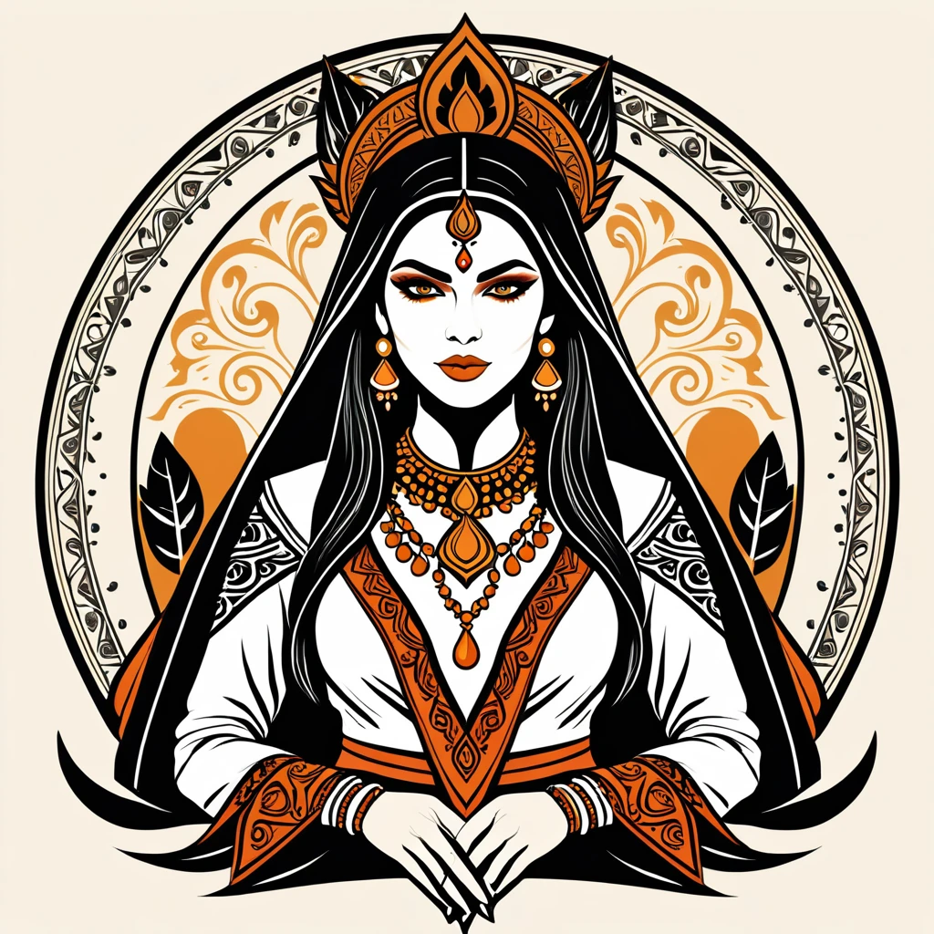 female warlock in indian folk outfit, vector graphics, strong contours, logo design