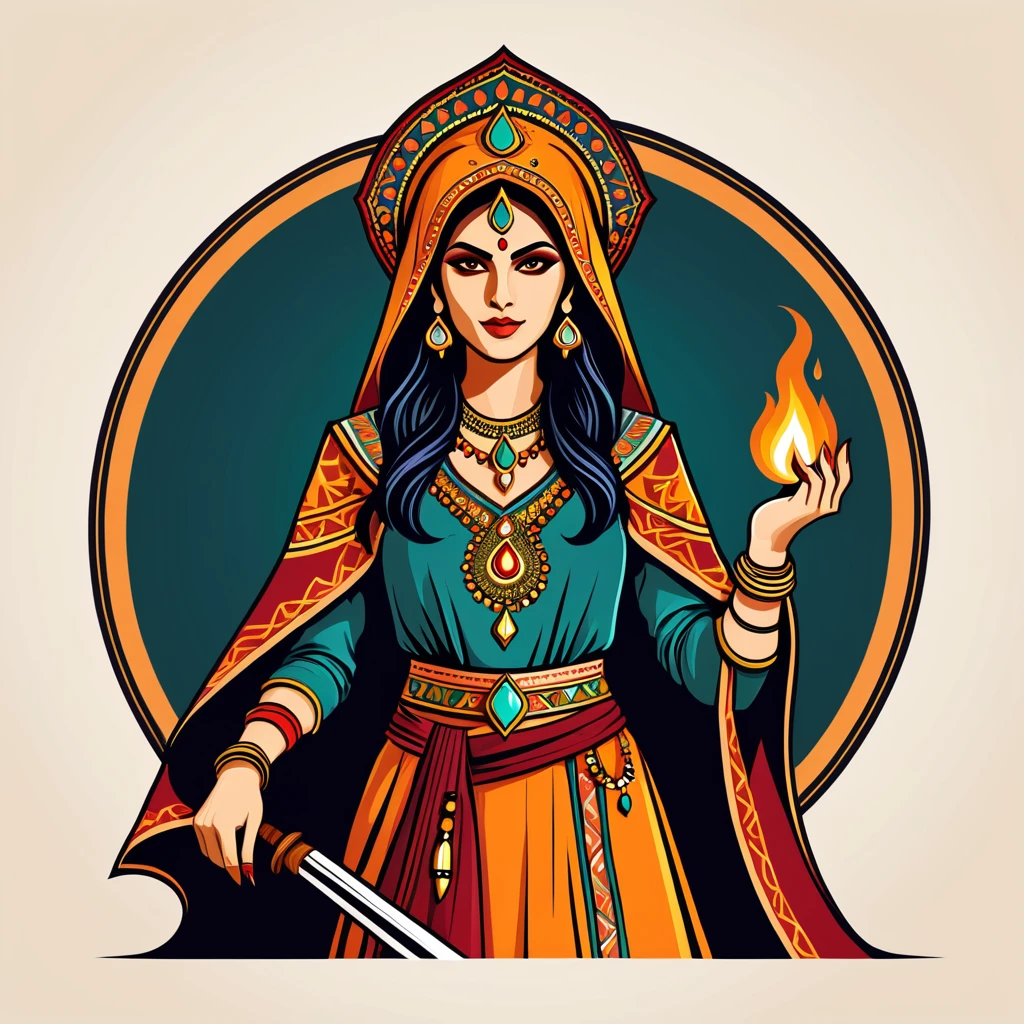 female warlock in indian folk outfit, vector graphics, strong contours, logo design
