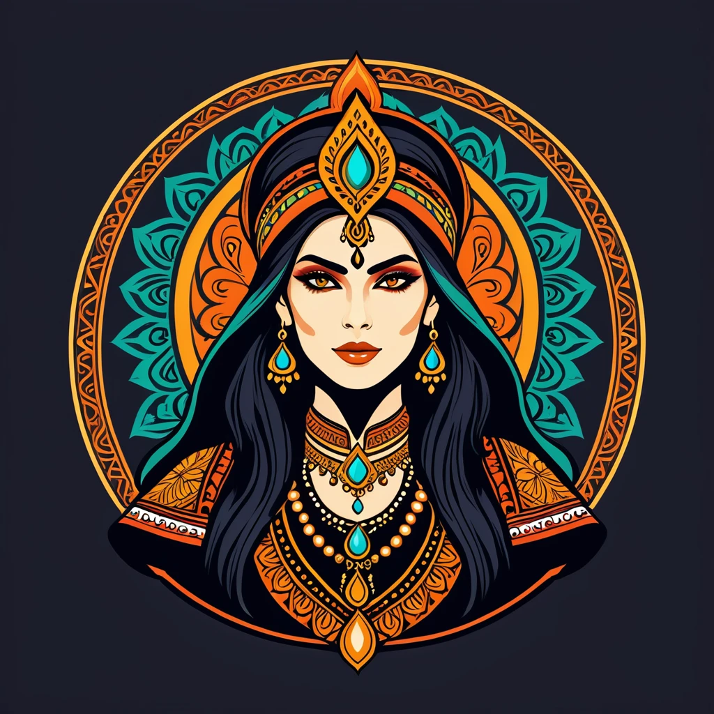 female warlock in indian folk outfit, vector graphics, strong contours, logo design
