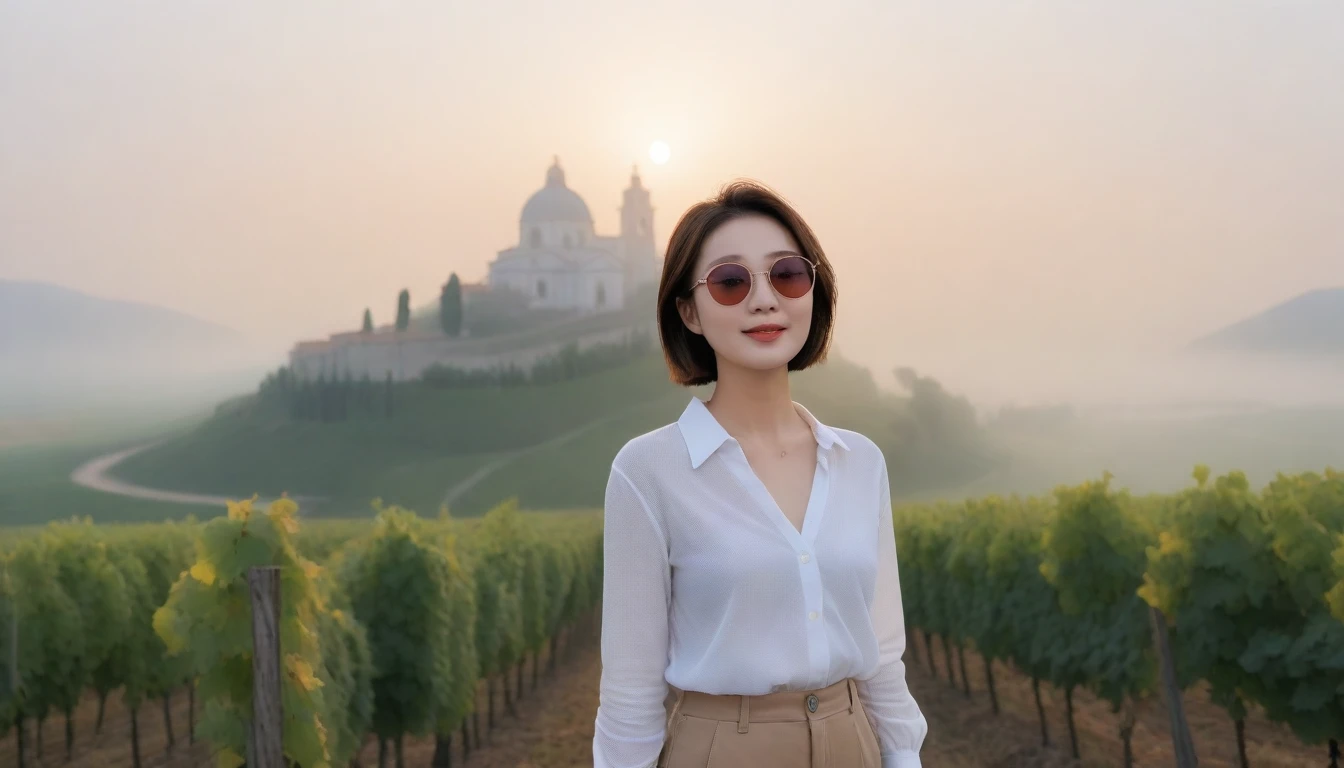 8k realistic, lifelike photo,, 36 year old Korean woman, Short in stature, pretty like a model. White shirt and short cardigan, casual pants, short medium hair, Smiley, Italy. vineyard, thick dawn fog. vineyard 멀리 짙은 안개 속으로 I can see the cathedral. 1 woman, Short in stature, Excellent picture quality, The morning fog is thick, The picture quality is alive. Looking up the side, thick-rimmed sunglasses, sunrise red light, Wide angle lens full body shot, I can see the cathedral