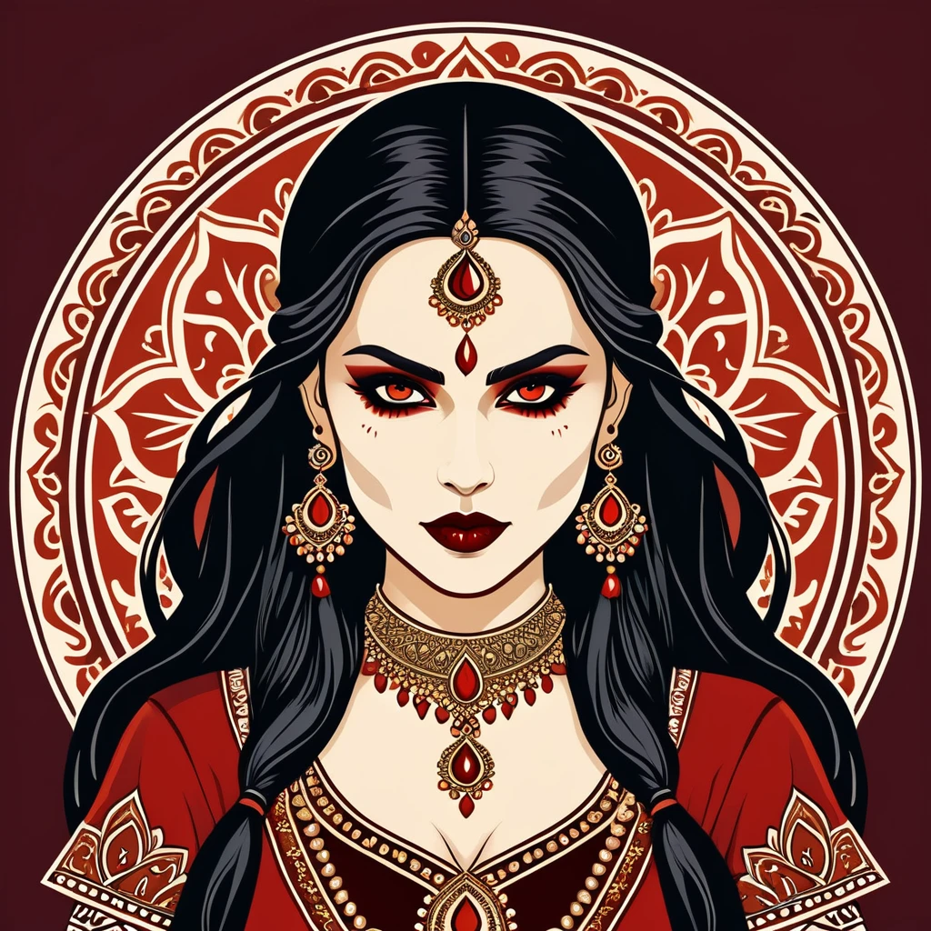 female vampire in indian folk outfit, vector graphics, strong contours, logo design
