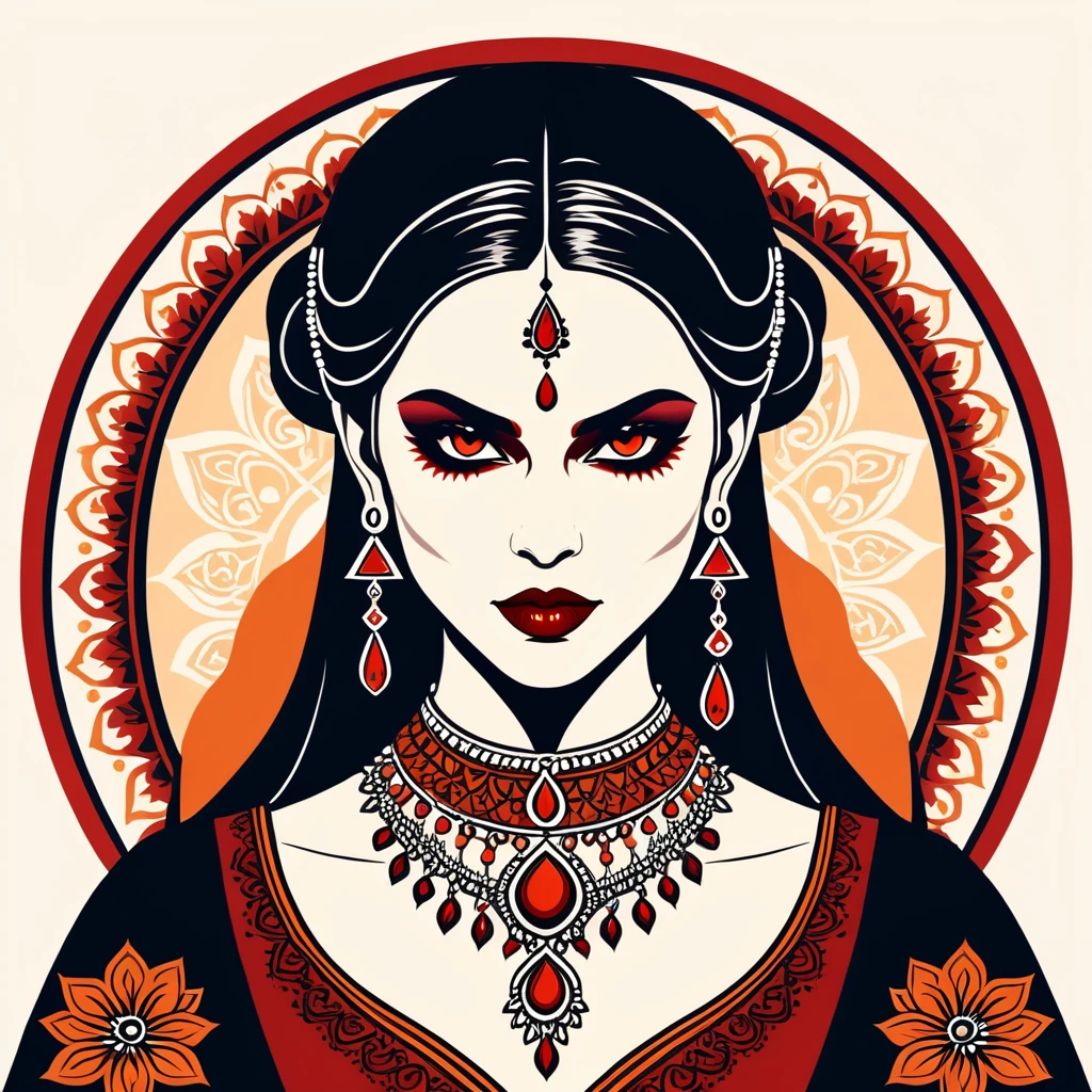 female vampire in indian folk outfit, vector graphics, strong contours, logo design
