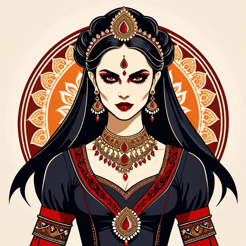 female vampire in indian folk outfit, vector graphics, strong contours, logo design