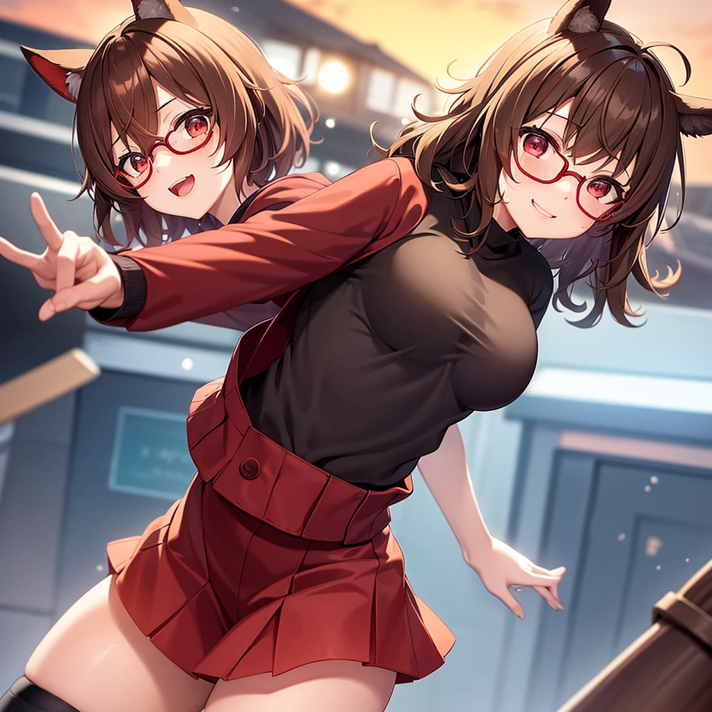 A girl who is kind to otakus, One Girl, Light brown short hair with outward curls, Big Breasts, Mischievous Smile, Red Eyes, Animal Ears, Red Glasses, Winter clothes, Do not expose skin, A black inner shirt that shows off your body lines, Black and red outer jacket, Black Skirt, Black knee-high socks, Free Pose, Under the sunset sky