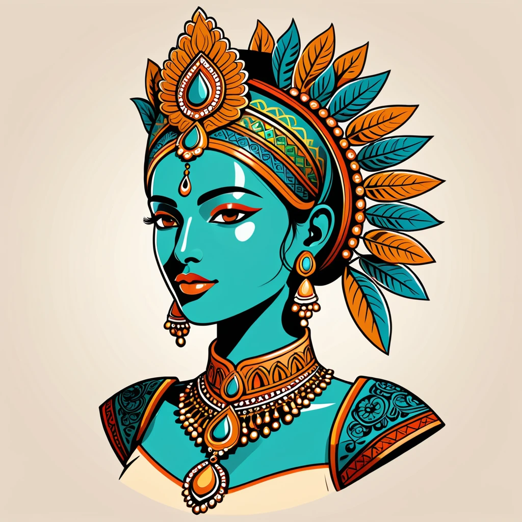 female android in indian folk outfit, vector graphics, strong contours, logo design