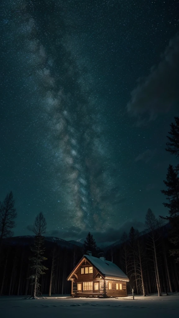 Create an aesthetic video of a snowy forest house with a starry sky ,green light