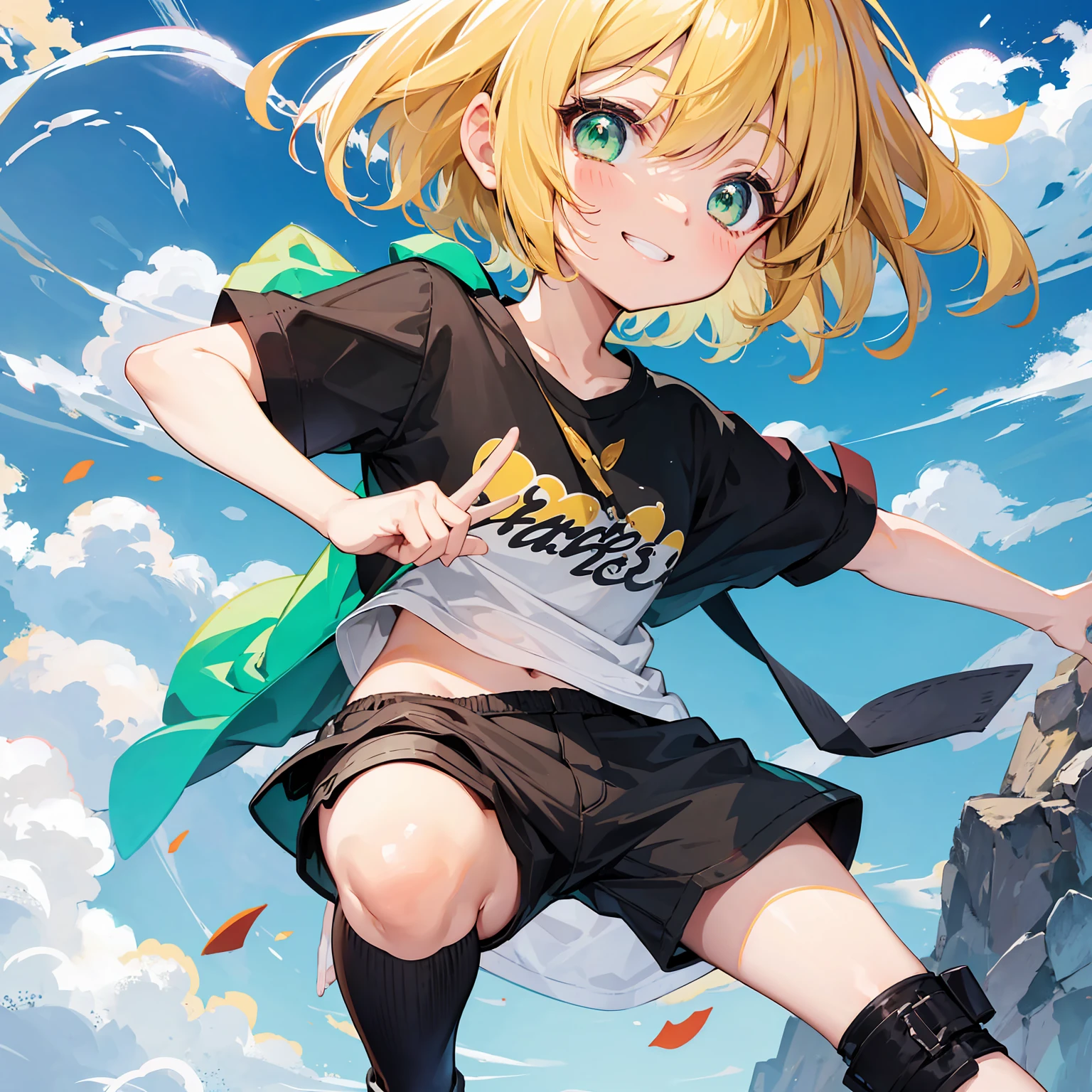 tiny little anime girl, cute, , happy smile, boyish clothes, shorts, short blonde hair, green eyes, best quality